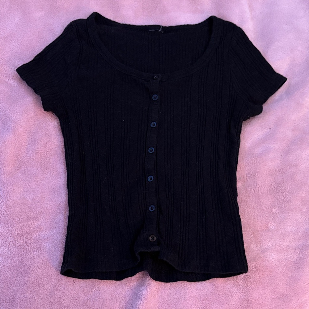 Black Ribbed Button-Up Women's Top